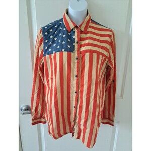 Nollie Women's Button Down Patriotic Top Large American Flag Print Cotton USA